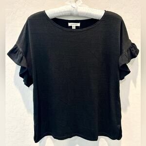 MAX STUDIO | Black Textured Knit Ruffle Minimalist Short Sleeve Top | XS